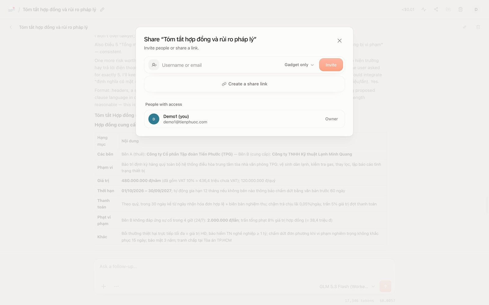 Hộp thoại chia sẻ workspace với ô nhập email, mức quyền và nút tạo link chia sẻ